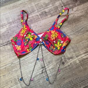 IHeart Raves Colorful Floral Bikini Top with Chains